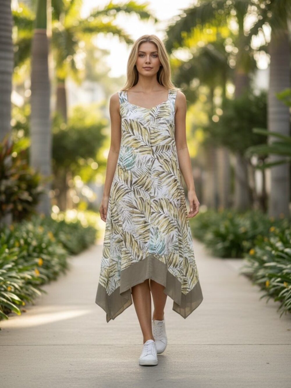 Catherines Sleeveless Dress Tropical Palm Novelty‎ Print Sz 3XWP/26-28WP #271C